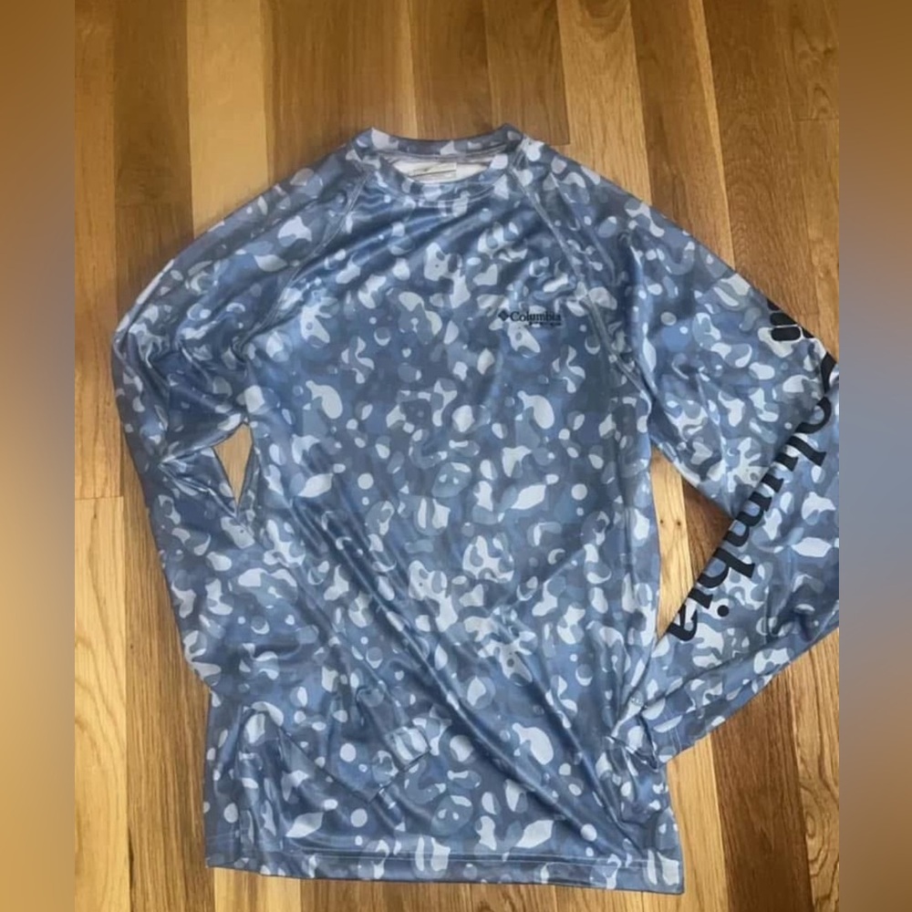 Columbia PFG Omni-Shade Fishing T-Shirt Mens Small Blue Camo